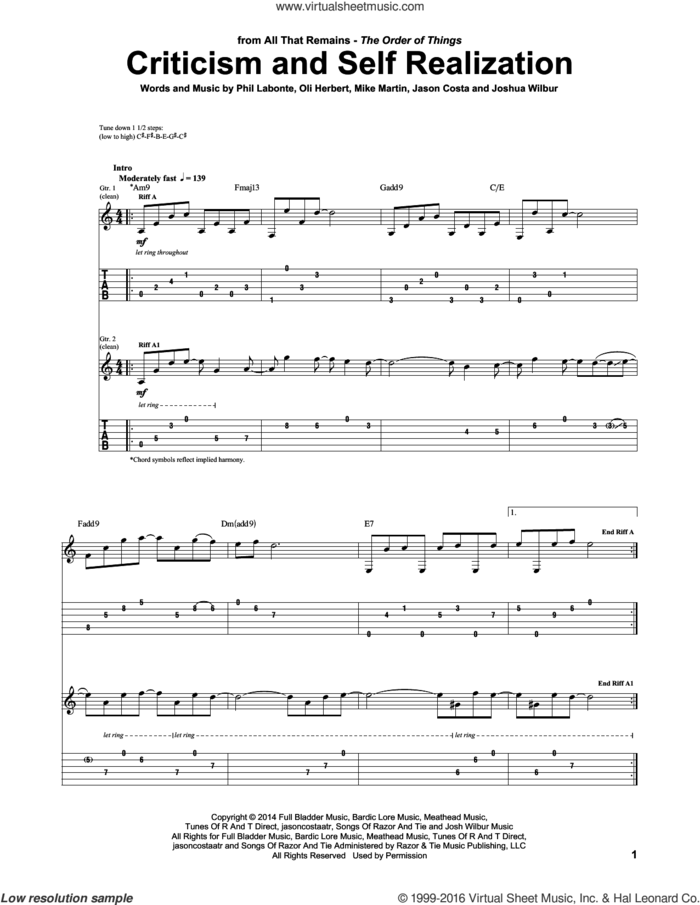 Criticism And Self Realization sheet music for guitar (tablature) by All That Remains, Jason Costa, Joshua Wilbur, Mike Martin, Oli Herbert and Phil Labonte, intermediate skill level