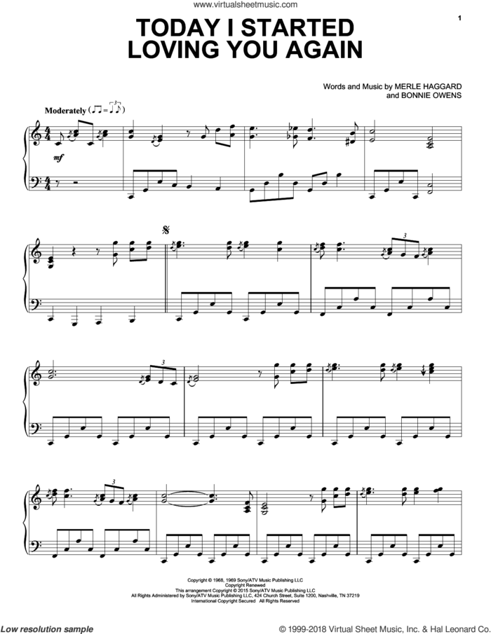 Today I Started Loving You Again sheet music for piano solo by Merle Haggard and Bonnie Owens, intermediate skill level