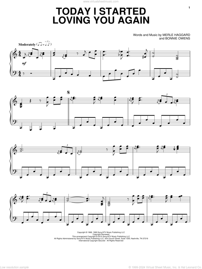 Today I Started Loving You Again sheet music for piano solo by Merle Haggard and Bonnie Owens, intermediate skill level