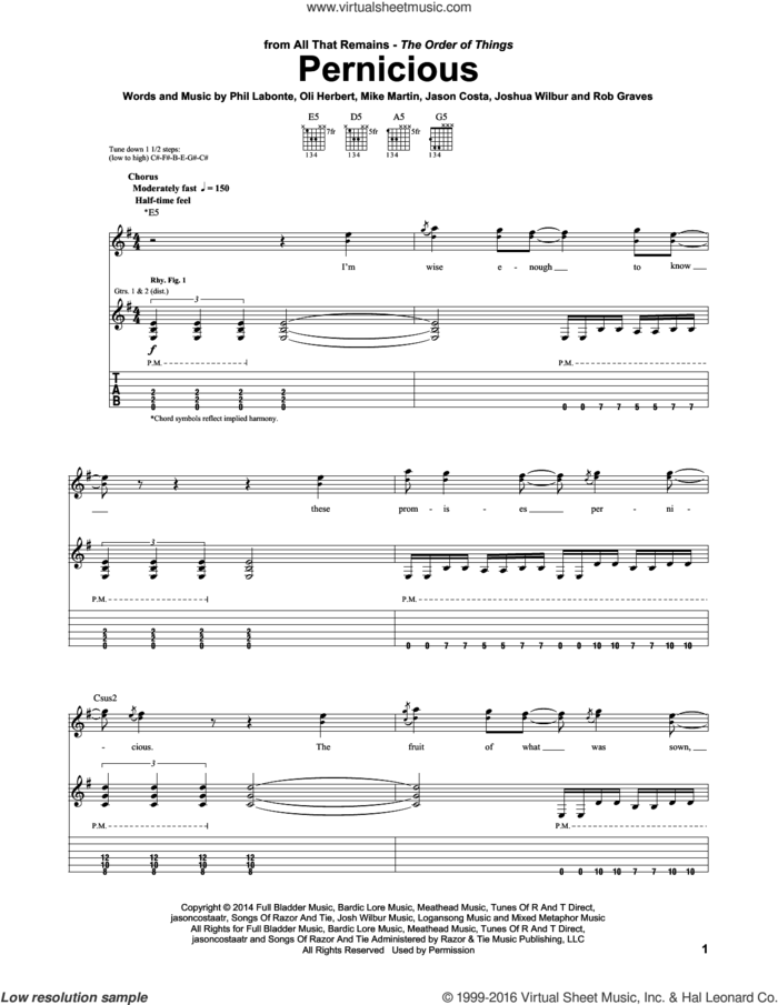 Pernicious sheet music for guitar (tablature) by All That Remains, Jason Costa, Joshua Wilbur, Mike Martin, Oli Herbert, Phil Labonte and Rob Graves, intermediate skill level