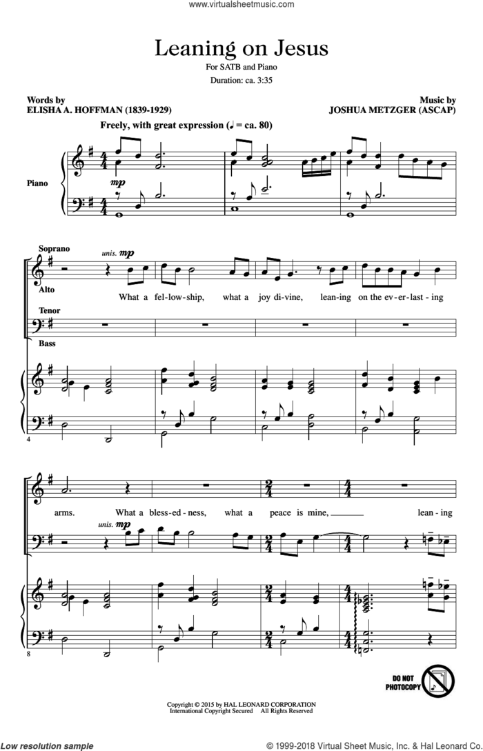 Leaning On Jesus sheet music for choir (SATB: soprano, alto, tenor, bass) by Joshua Metzger and Elisha A. Hoffman, intermediate skill level