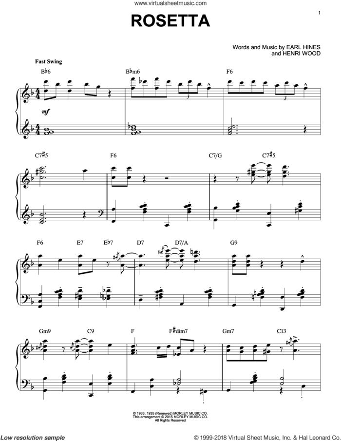 Rosetta [Stride version] (arr. Brent Edstrom) sheet music for piano solo by Henri Wood and Earl Hines, intermediate skill level