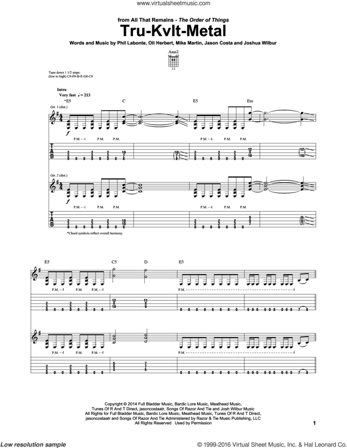 Tru-Kvlt-Metal sheet music for guitar (tablature) by All That Remains, Jason Costa, Joshua Wilbur, Mike Martin, Oli Herbert and Phil Labonte, intermediate skill level