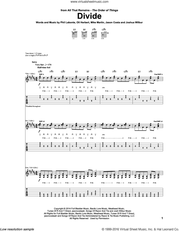 Divide sheet music for guitar (tablature) by All That Remains, Jason Costa, Joshua Wilbur, Mike Martin, Oli Herbert and Phil Labonte, intermediate skill level