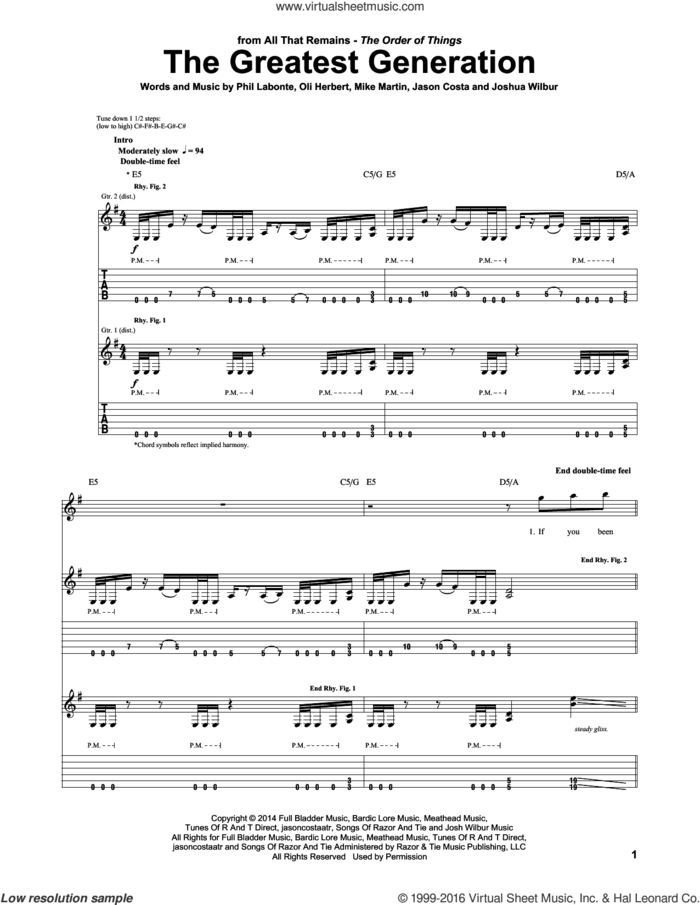 The Greatest Generation sheet music for guitar (tablature) by All That Remains, Jason Costa, Joshua Wilbur, Mike Martin, Oli Herbert and Phil Labonte, intermediate skill level