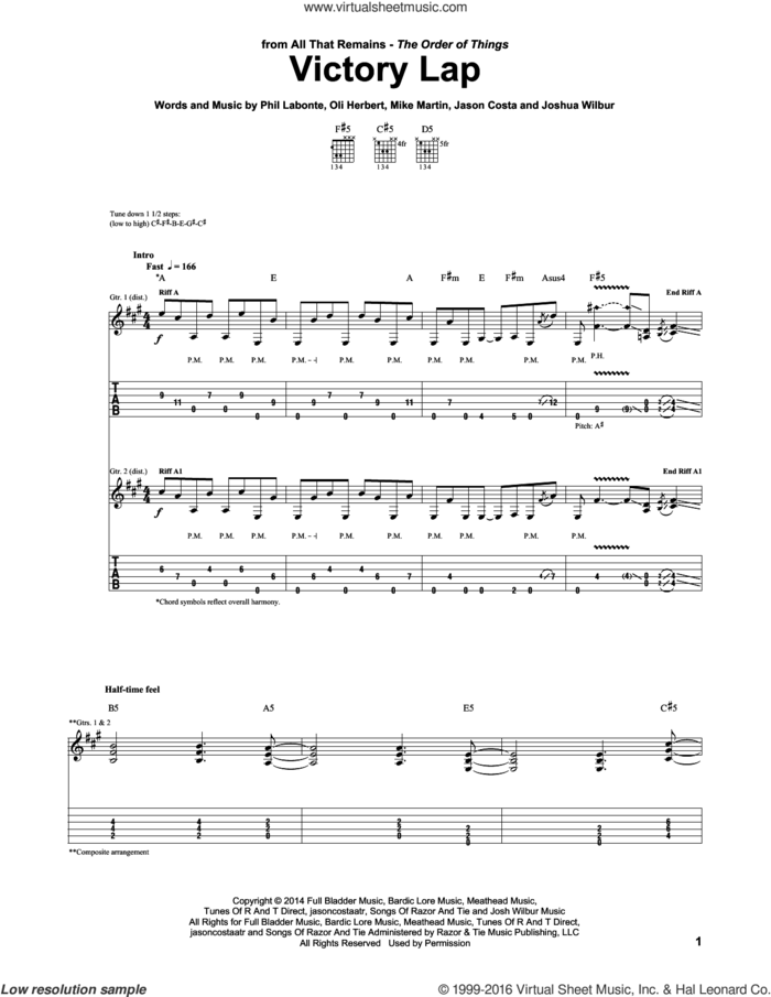 Victory Lap sheet music for guitar (tablature) by All That Remains, Jason Costa, Josh Wilbur, Mike Martin, Oli Herbert and Phil Labonte, intermediate skill level