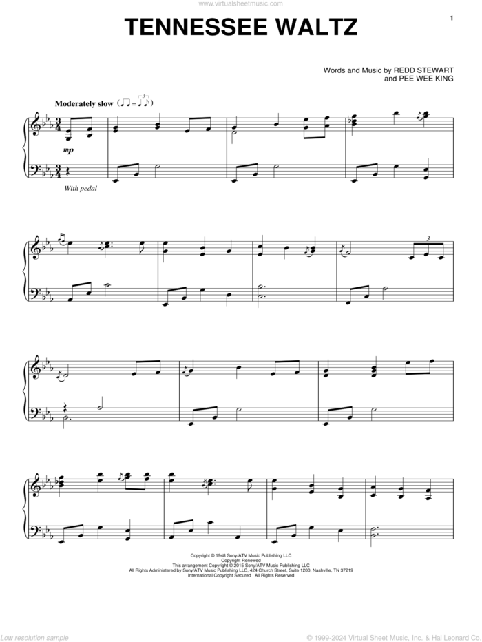 Tennessee Waltz, (intermediate) sheet music for piano solo by Patty Page, Patti Page, Pee Wee King and Redd Stewart, intermediate skill level