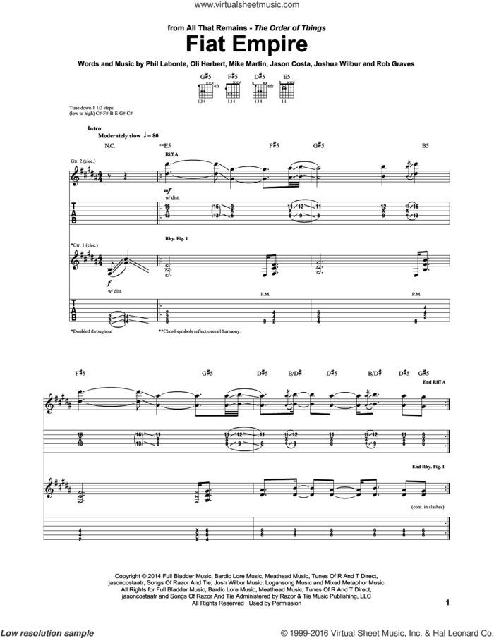 Fiat Empire sheet music for guitar (tablature) by All That Remains, Jason Costa, Joshua Wilbur, Mike Martin, Oli Herbert, Phil Labonte and Rob Graves, intermediate skill level