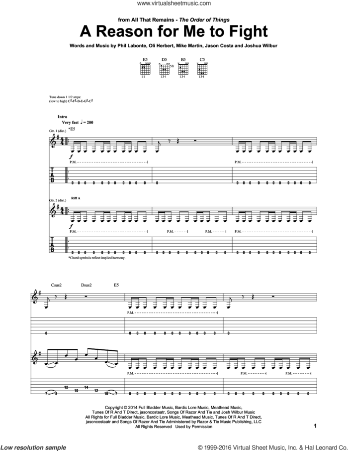 A Reason For Me To Fight sheet music for guitar (tablature) by All That Remains, Jason Costa, Joshua Wilbur, Mike Martin, Oli Herbert and Phil Labonte, intermediate skill level