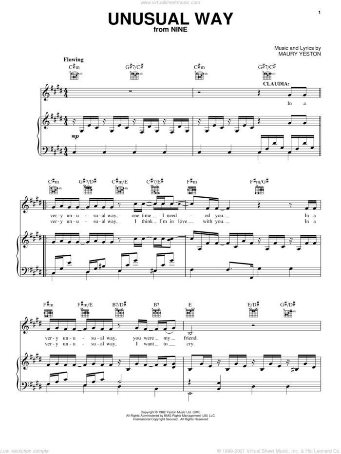 Unusual Way sheet music for voice, piano or guitar by Maury Yeston and Linda Eder, intermediate skill level