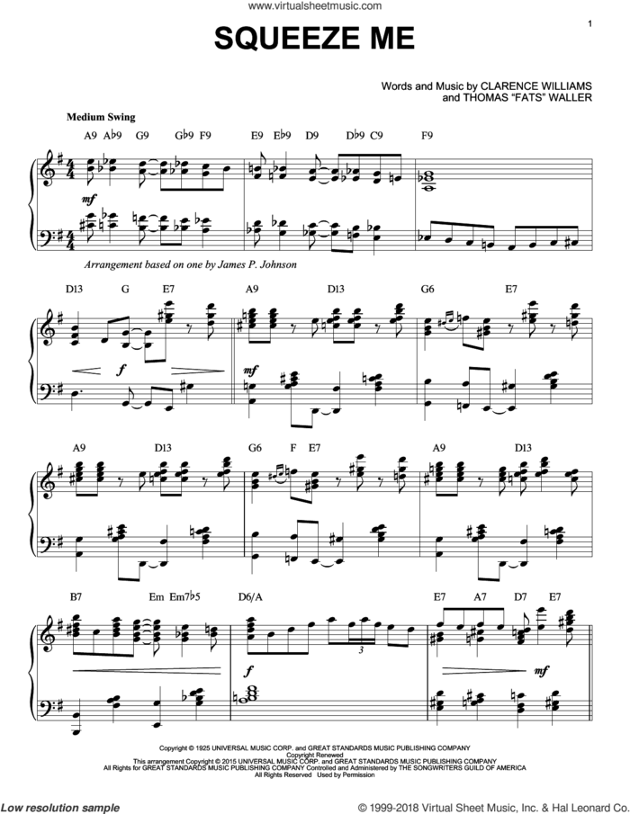 Squeeze Me [Stride version] (arr. Brent Edstrom) sheet music for piano solo by Thomas Waller, Clarence Williams and Thomas Waller, intermediate skill level