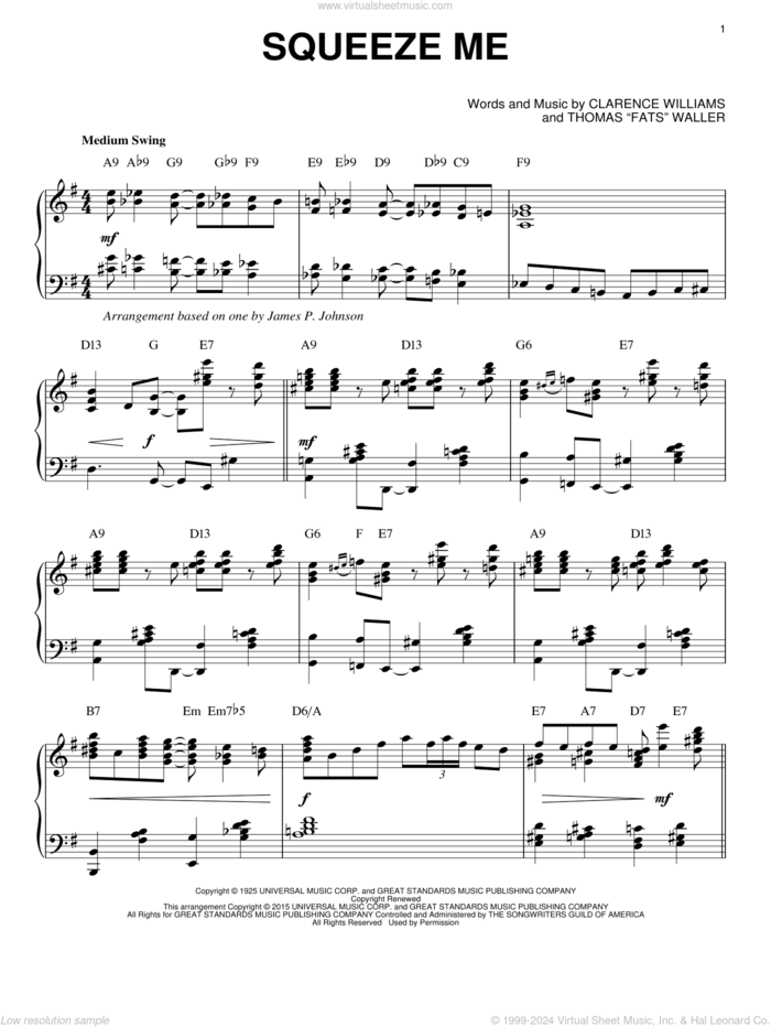 Squeeze Me [Stride version] (arr. Brent Edstrom) sheet music for piano solo by Thomas Waller, Clarence Williams and Thomas Waller, intermediate skill level