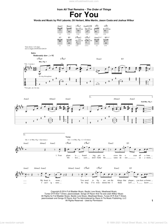 For You sheet music for guitar (tablature) by All That Remains, Jason Costa, Joshua Wilbur, Mike Martin, Oli Herbert and Phil Labonte, intermediate skill level