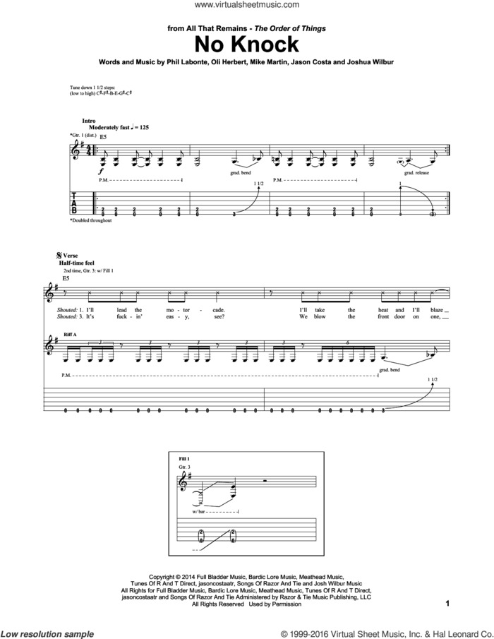 No Knock sheet music for guitar (tablature) by All That Remains, Jason Costa, Joshua Wilbur, Mike Martin, Oli Herbert and Phil Labonte, intermediate skill level