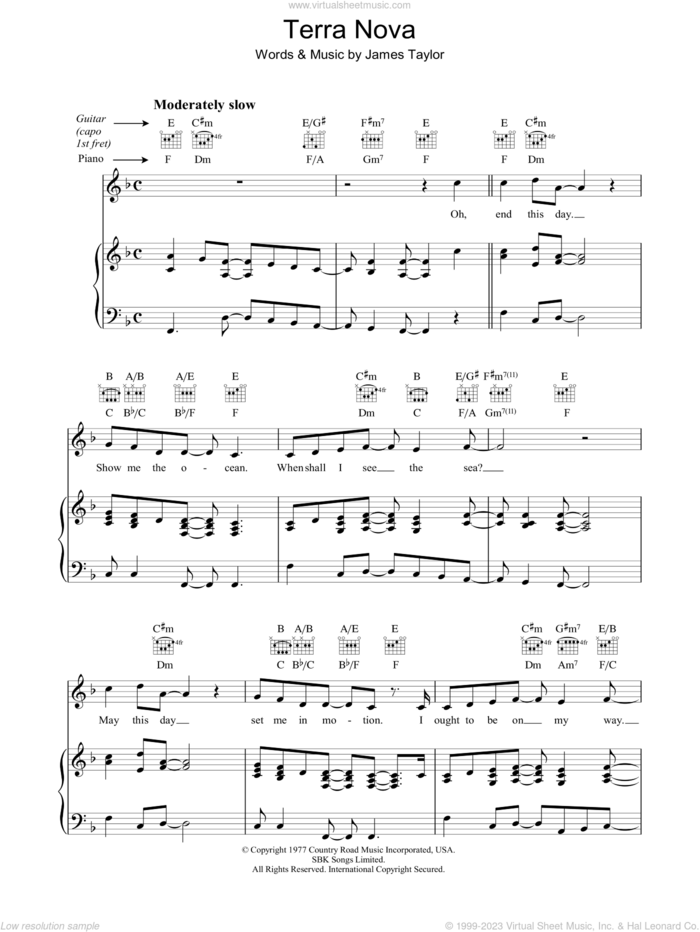 Terra Nova sheet music for voice, piano or guitar by James Taylor, intermediate skill level