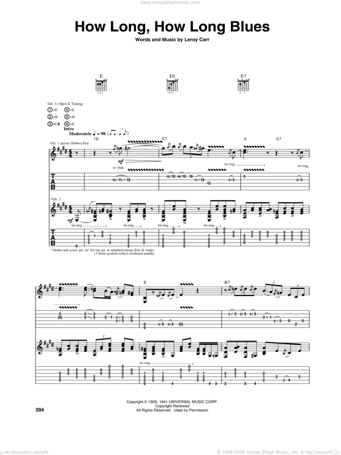 How Long Blues (How Long, How Long Blues) sheet music for guitar (tablature) by Eric Clapton and Leroy Carr, intermediate skill level