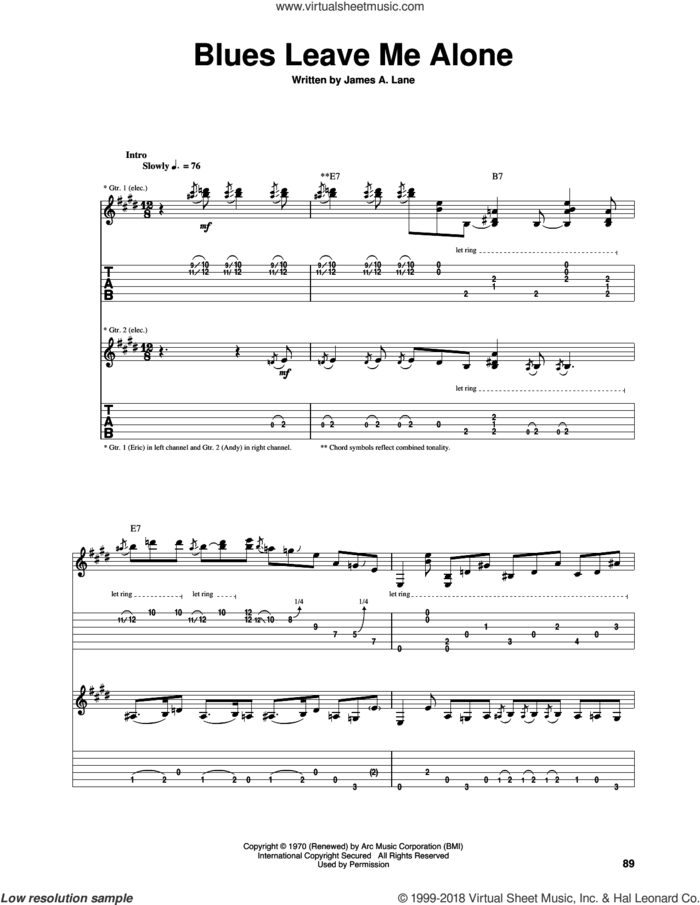 Blues Leave Me Alone sheet music for guitar (tablature) by Eric Clapton and James A. Lane, intermediate skill level