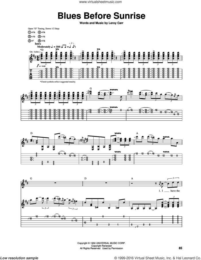 Blues Before Sunrise sheet music for guitar (tablature) by Eric Clapton and Leroy Carr, intermediate skill level