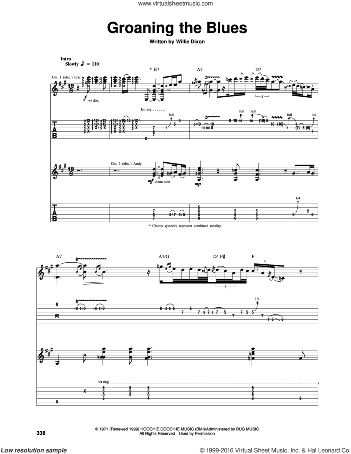 Groaning The Blues sheet music for guitar (tablature) by Eric Clapton and Willie Dixon, intermediate skill level