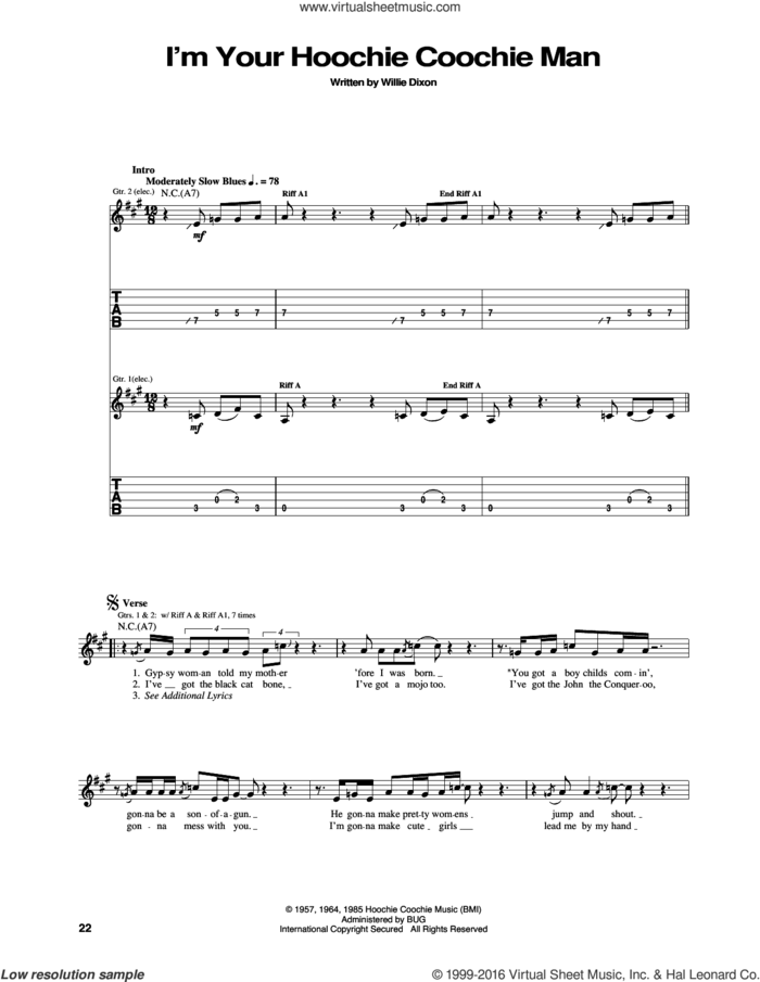 I'm Your Hoochie Coochie Man sheet music for guitar (tablature) by Eric Clapton, Jimi Hendrix, Muddy Waters and Willie Dixon, intermediate skill level