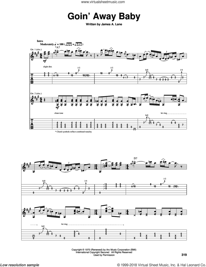 Goin' Away Baby sheet music for guitar (tablature) by Eric Clapton and James A. Lane, intermediate skill level