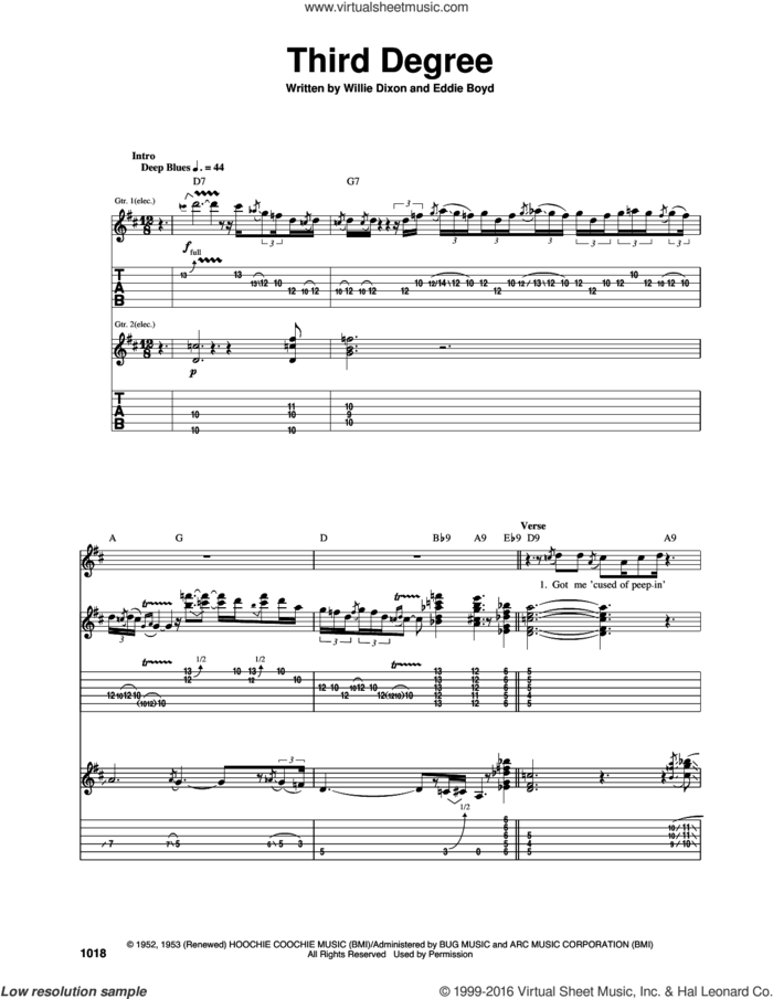 Third Degree sheet music for guitar (tablature) by Eric Clapton, Eddie Boyd and Willie Dixon, intermediate skill level