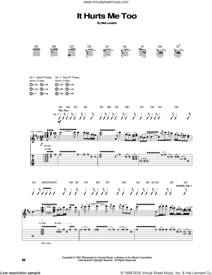 It Hurts Me Too sheet music for guitar (tablature) by Eric Clapton, Elmore James, Elvis Presley and Mel London, intermediate skill level