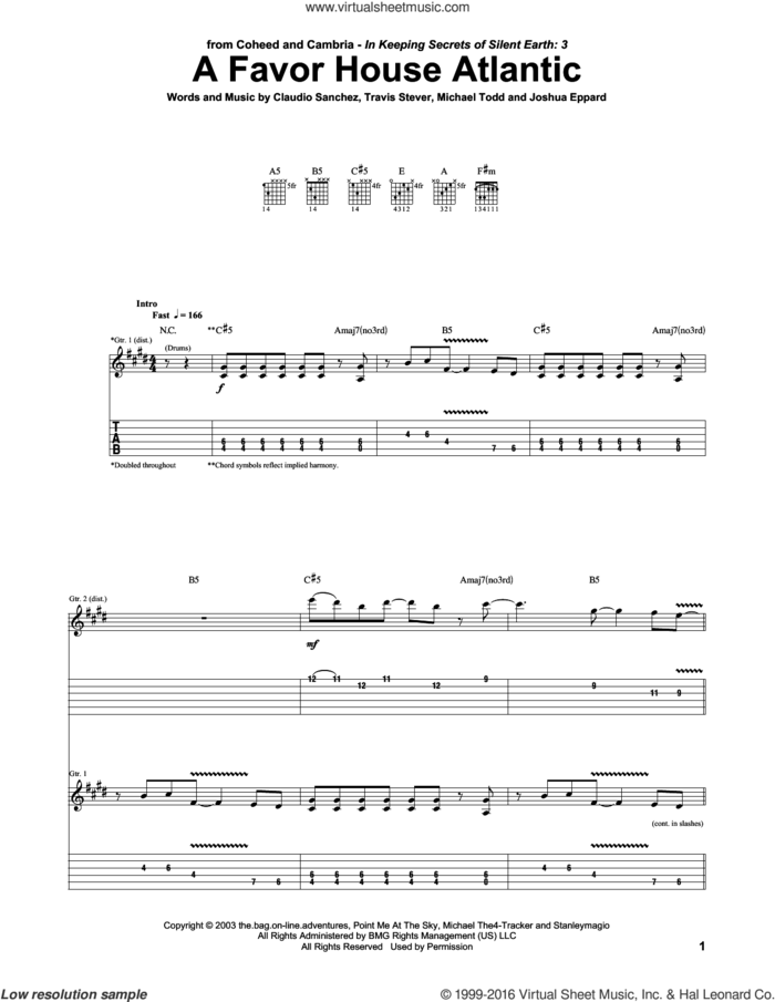 A Favor House Atlantic sheet music for guitar (tablature) by Coheed And Cambria, Claudio Sanchez, Joshua Eppard, Michael Todd and Travis Stever, intermediate skill level