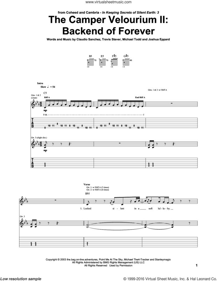 The Camper Velourium II: Backend Of Forever sheet music for guitar (tablature) by Coheed And Cambria, Claudio Sanchez, Joshua Eppard, Michael Todd and Travis Stever, intermediate skill level