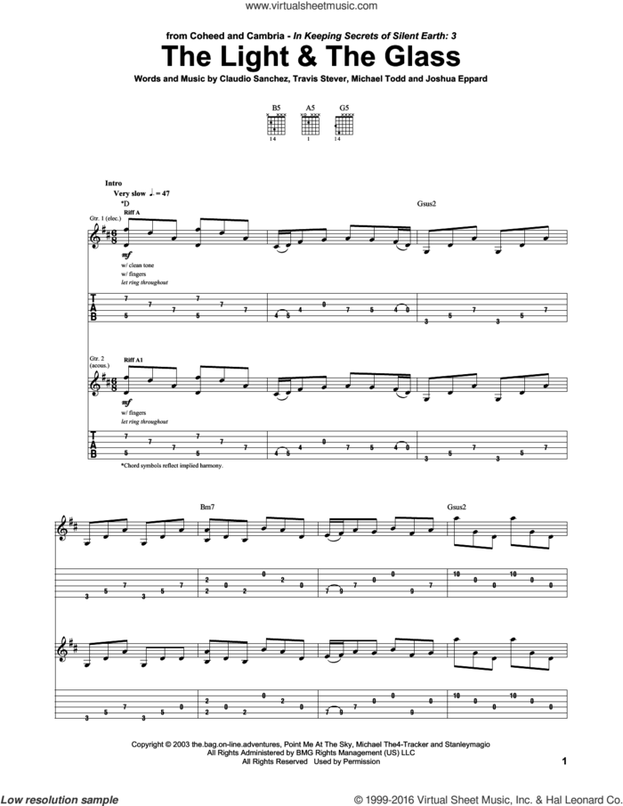 The Light and The Glass sheet music for guitar (tablature) by Coheed And Cambria, Claudio Sanchez, Joshua Eppard, Michael Todd and Travis Stever, intermediate skill level