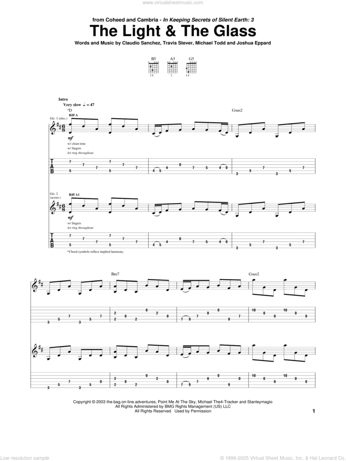 The Light and The Glass sheet music for guitar (tablature) by Coheed And Cambria, Claudio Sanchez, Joshua Eppard, Michael Todd and Travis Stever, intermediate skill level