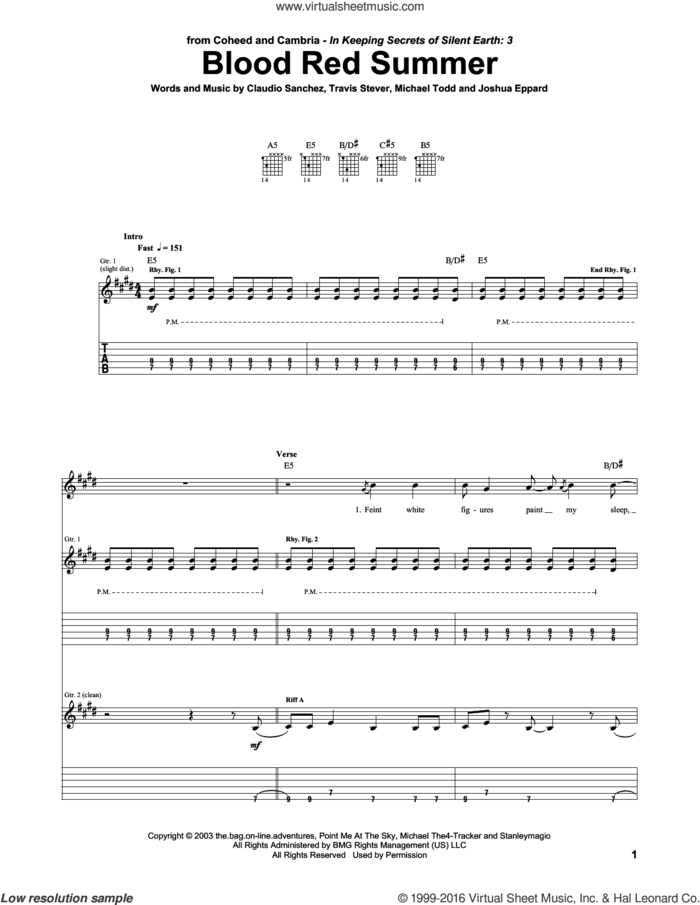 Blood Red Summer sheet music for guitar (tablature) by Coheed And Cambria, Claudio Sanchez, Joshua Eppard, Michael Todd and Travis Stever, intermediate skill level