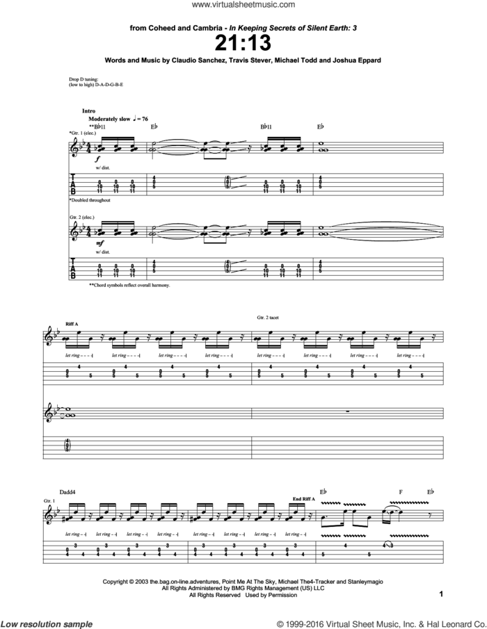 21:13 sheet music for guitar (tablature) by Coheed And Cambria, Claudio Sanchez, Joshua Eppard, Michael Todd and Travis Stever, intermediate skill level