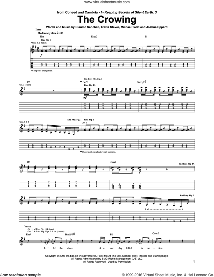 The Crowing sheet music for guitar (tablature) by Coheed And Cambria, Claudio Sanchez, Joshua Eppard, Michael Todd and Travis Stever, intermediate skill level