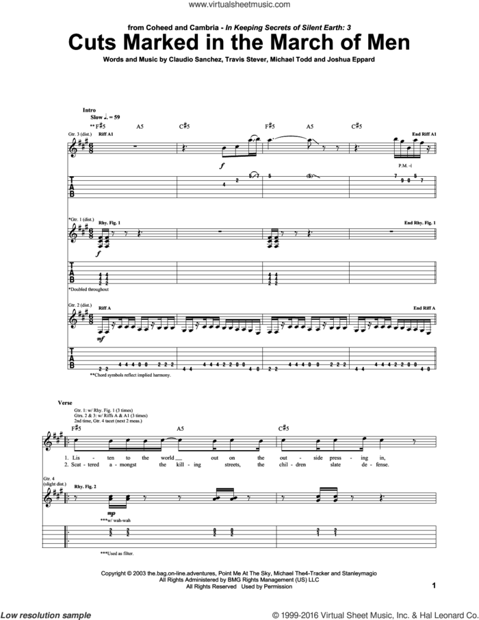 Cuts Marked In The March Of Men sheet music for guitar (tablature) by Coheed And Cambria, Claudio Sanchez, Joshua Eppard, Michael Todd and Travis Stever, intermediate skill level