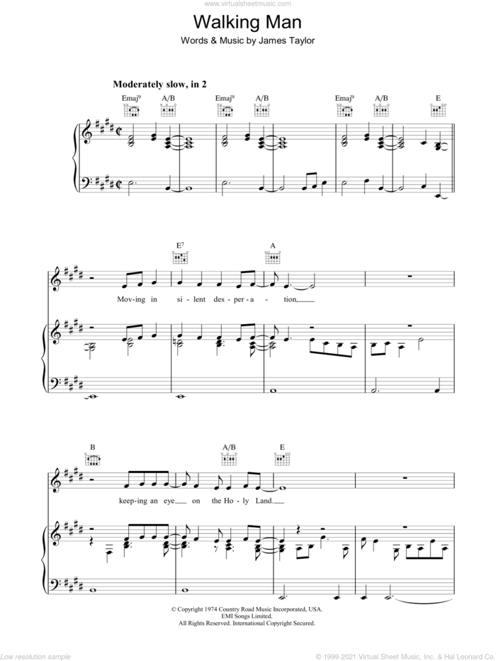 Walking Man sheet music for voice, piano or guitar by James Taylor, intermediate skill level