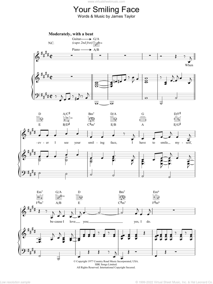 Your Smiling Face sheet music for voice, piano or guitar by James Taylor, intermediate skill level