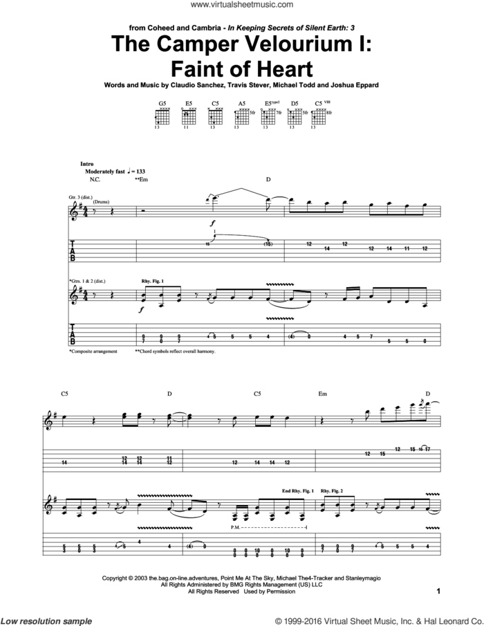 The Camper Velourium I: Faint Of Heart sheet music for guitar (tablature) by Coheed And Cambria, Claudio Sanchez, Joshua Eppard, Michael Todd and Travis Stever, intermediate skill level
