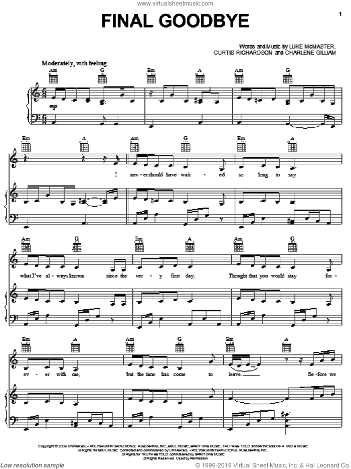 Final Goodbye sheet music for voice, piano or guitar by Rihanna, Charlene Gilliam, Curtis Richardson and Luke McMaster, intermediate skill level