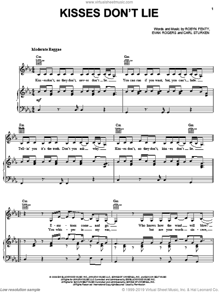 Kisses Don't Lie sheet music for voice, piano or guitar by Rihanna, Carl Sturken, Evan Rogers and Robyn Fenty, intermediate skill level