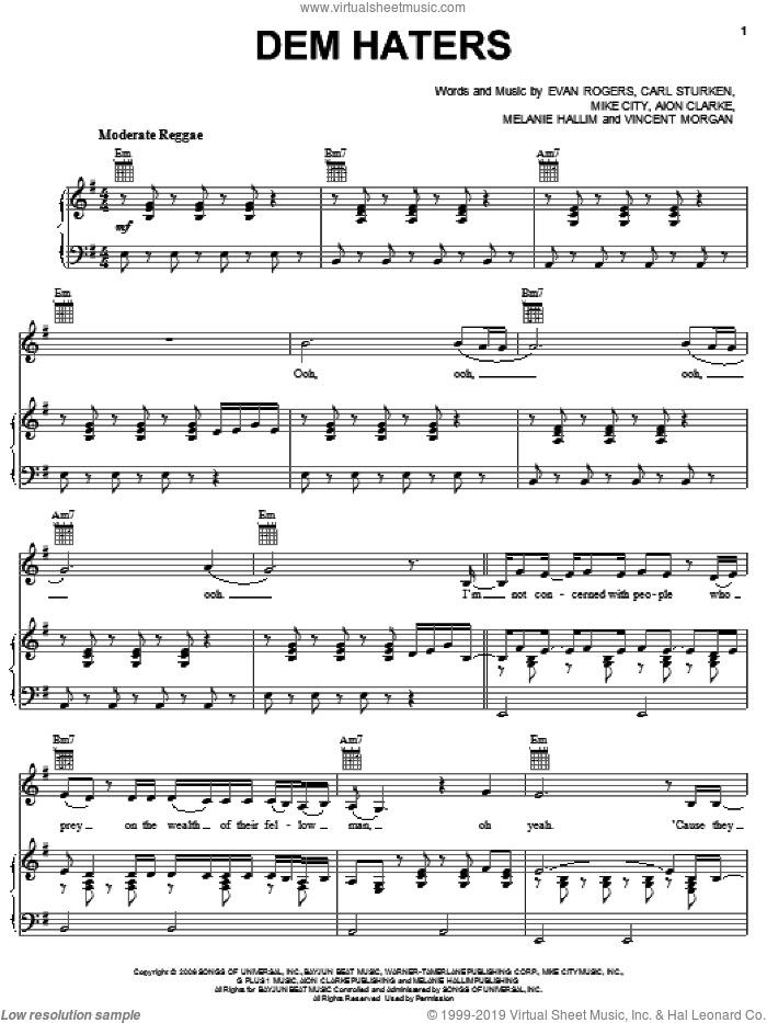Dem Haters sheet music for voice, piano or guitar by Rihanna, Aion Clarke, Carl Sturken, Evan Rogers, Melanie Hallim, Mike City and Vincent Morgan, intermediate skill level