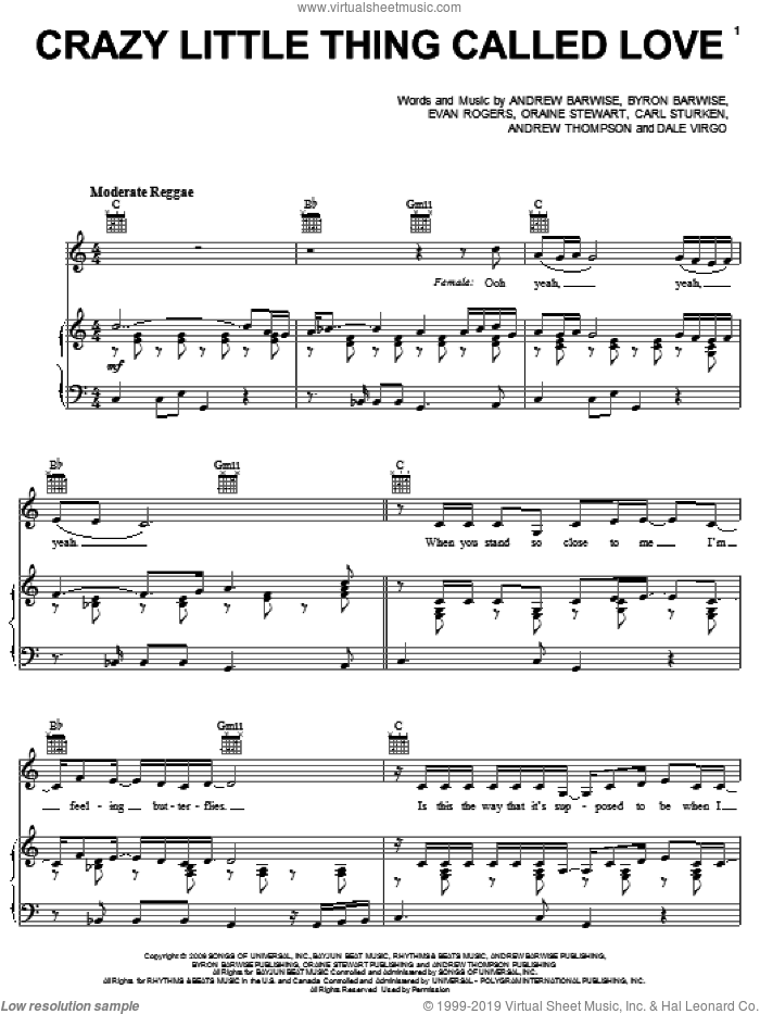 Crazy Little Thing Called Love sheet music for voice, piano or guitar by Rihanna, Andrew Barwise, Andrew Thompson, Byron Barwise, Carl Sturken, Dale Virgo, Evan Rogers and Oraine Stewart, intermediate skill level