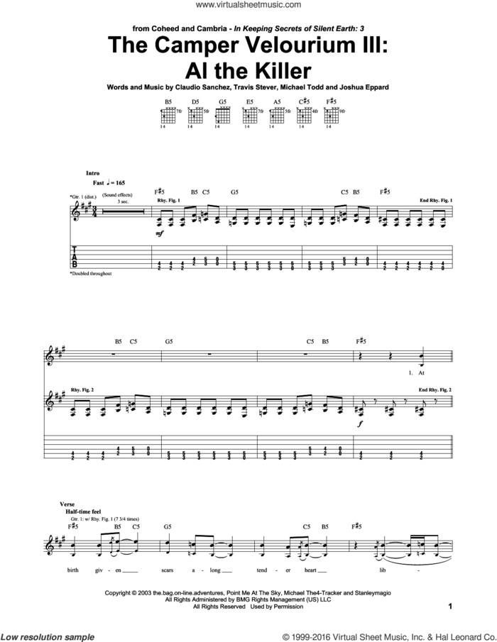 The Camper Velourium III: Al The Killer sheet music for guitar (tablature) by Coheed And Cambria, Claudio Sanchez, Joshua Eppard, Michael Todd and Travis Stever, intermediate skill level