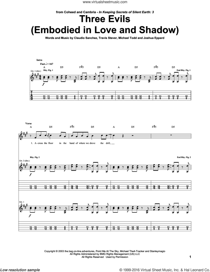 Three Evils (Embodied In Love And Shadow) sheet music for guitar (tablature) by Coheed And Cambria, Claudio Sanchez, Joshua Eppard, Michael Todd and Travis Stever, intermediate skill level