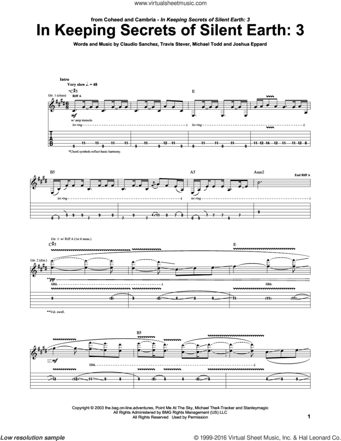 In Keeping Secrets Of Silent Earth: 3 sheet music for guitar (tablature) by Coheed And Cambria, Claudio Sanchez, Joshua Eppard, Michael Todd and Travis Stever, intermediate skill level