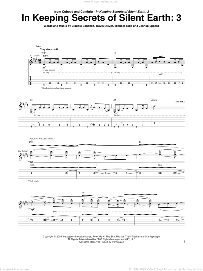 In Keeping Secrets Of Silent Earth: 3 sheet music for guitar (tablature) by Coheed And Cambria, Claudio Sanchez, Joshua Eppard, Michael Todd and Travis Stever, intermediate skill level