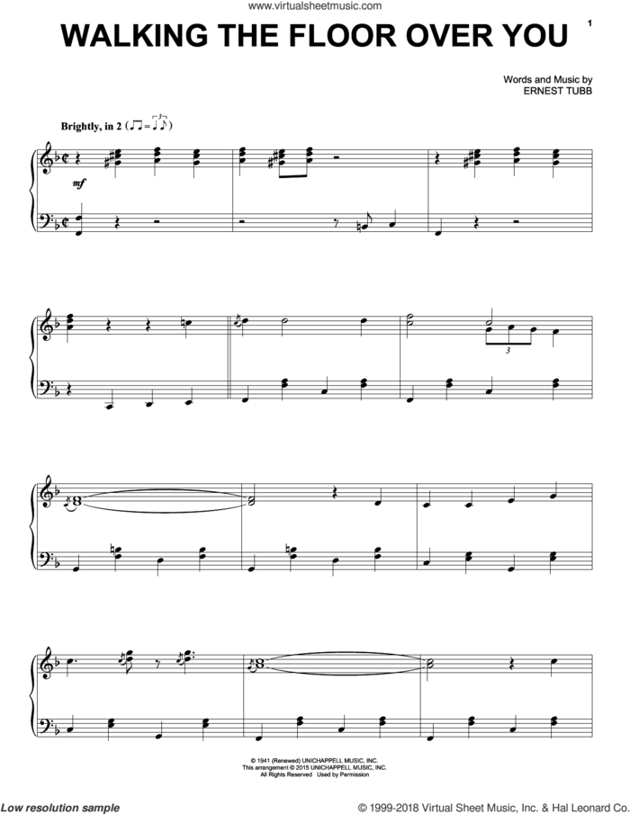 Walking The Floor Over You, (intermediate) sheet music for piano solo by Ernest Tubb and George Hamilton IV, intermediate skill level