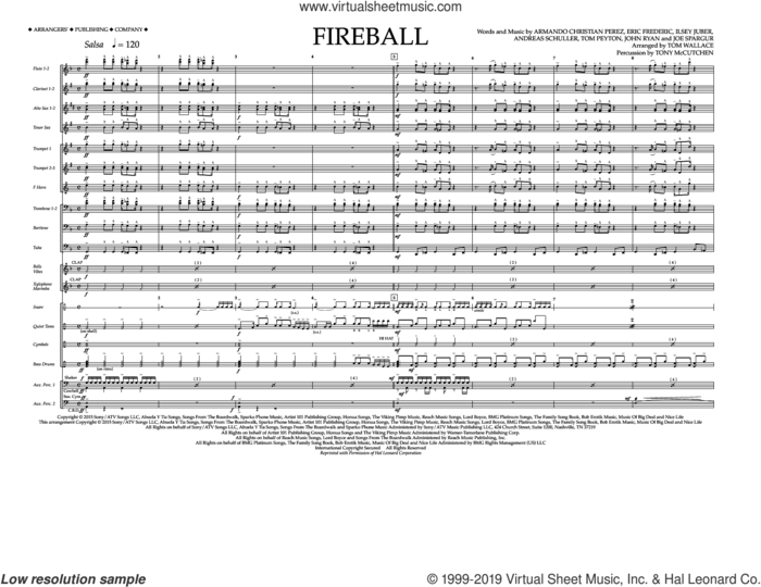 Fireball (COMPLETE) sheet music for marching band by Tom Wallace, Andreas Schuller, Armando Perez, Eric Frederic, Ilsey Juber, John Ryan, Joseph Spargur, Pitbull feat. John Ryan and Tom Peyton, intermediate skill level