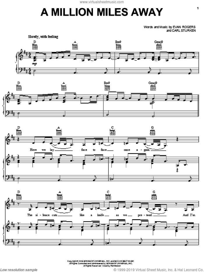 A Million Miles Away sheet music for voice, piano or guitar by Rihanna, Carl Sturken and Evan Rogers, intermediate skill level