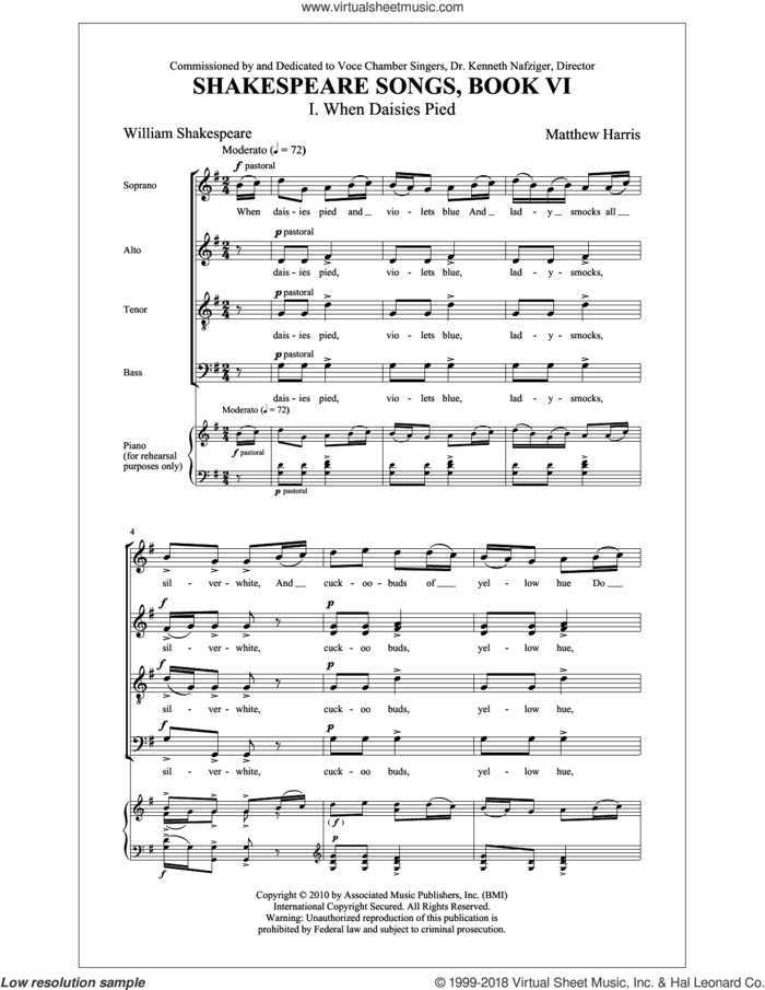 When Daisies Pied sheet music for choir (SATB: soprano, alto, tenor, bass) by Matt Harris and William Shakespeare, intermediate skill level